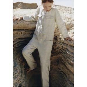 Zara Kids Oatmeal Creme 100% Linen Cargo Jumpsuit Sz 9 Coastal Minimalist Boho